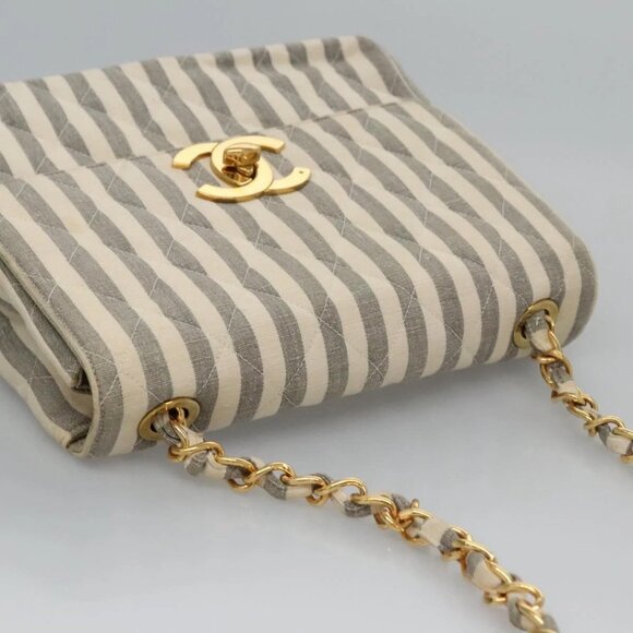 CHANEL Striped Matelasse Chain Shoulder Bag Canvas White Gray CC Auth - Picture 6 of 16